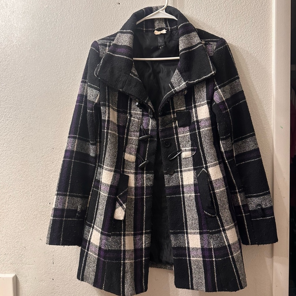 Ashley By 26 International Plaid Pea Coat - Black, White, Purple